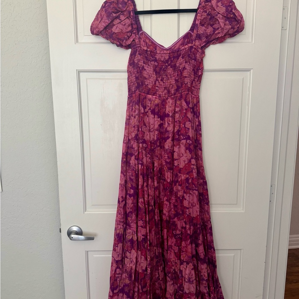 Free People Pink & Purple Floral Puff-Sleeve Tiered Maxi Dress - Picture 3 of 7